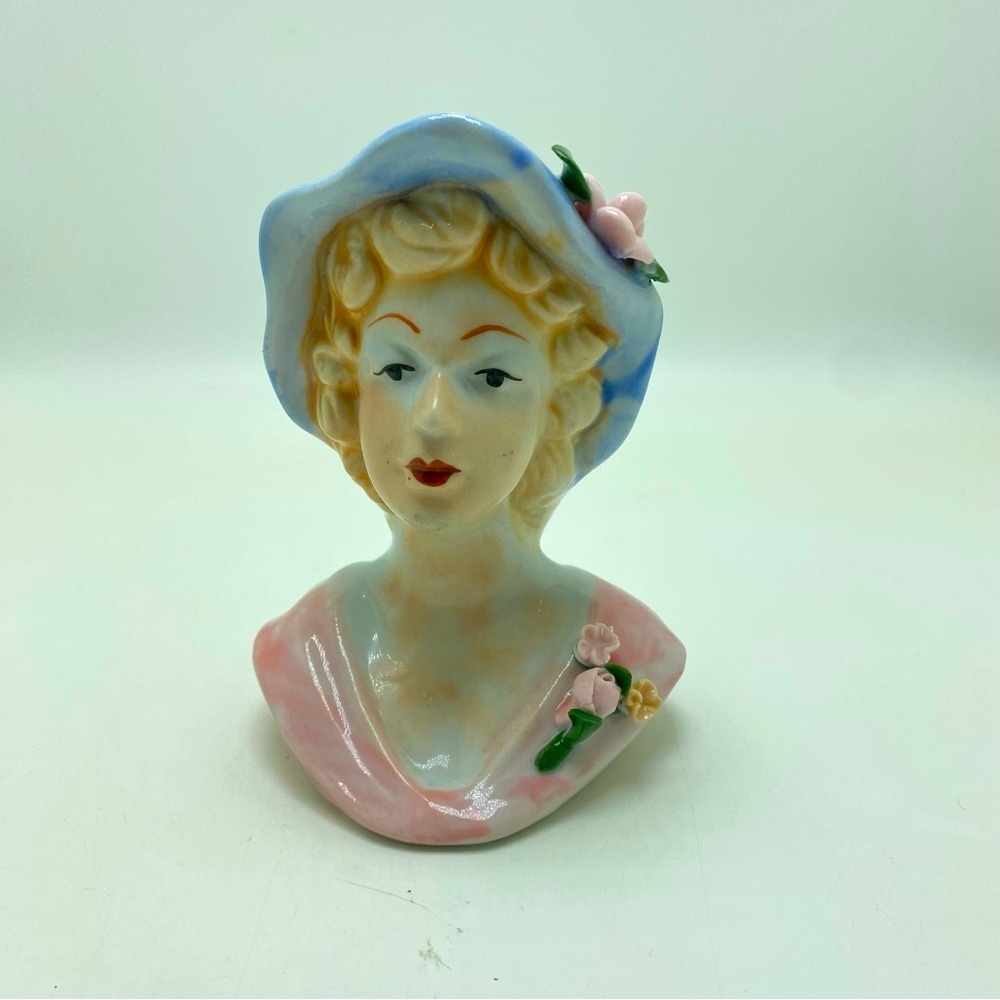 Vintage Hand Painted Lady Head Vase/Planter Pink & Blue